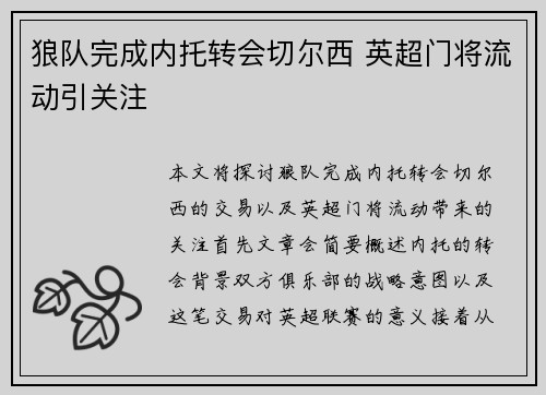 狼队完成内托转会切尔西 英超门将流动引关注