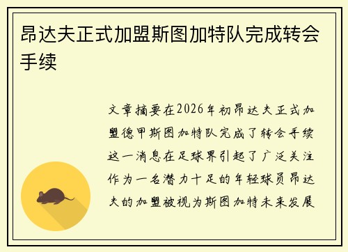 昂达夫正式加盟斯图加特队完成转会手续 昂达夫正式加盟斯图加特队完成转会手续